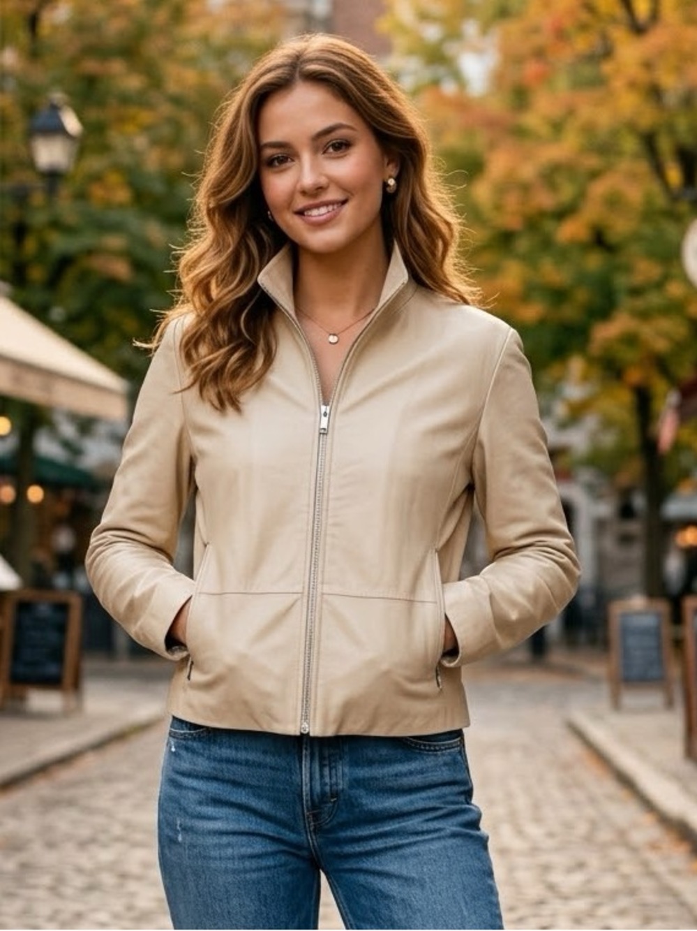 Vintage Zara Beige Full Zip 100% Sheep Leather Moto Jacket Lightweight Size S-M